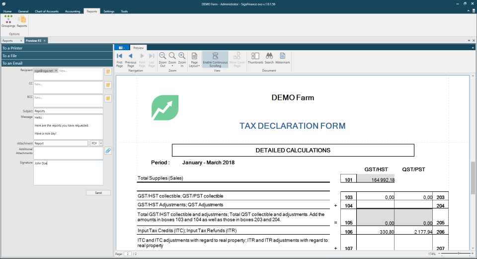 screenshot of SigaFinance evo
